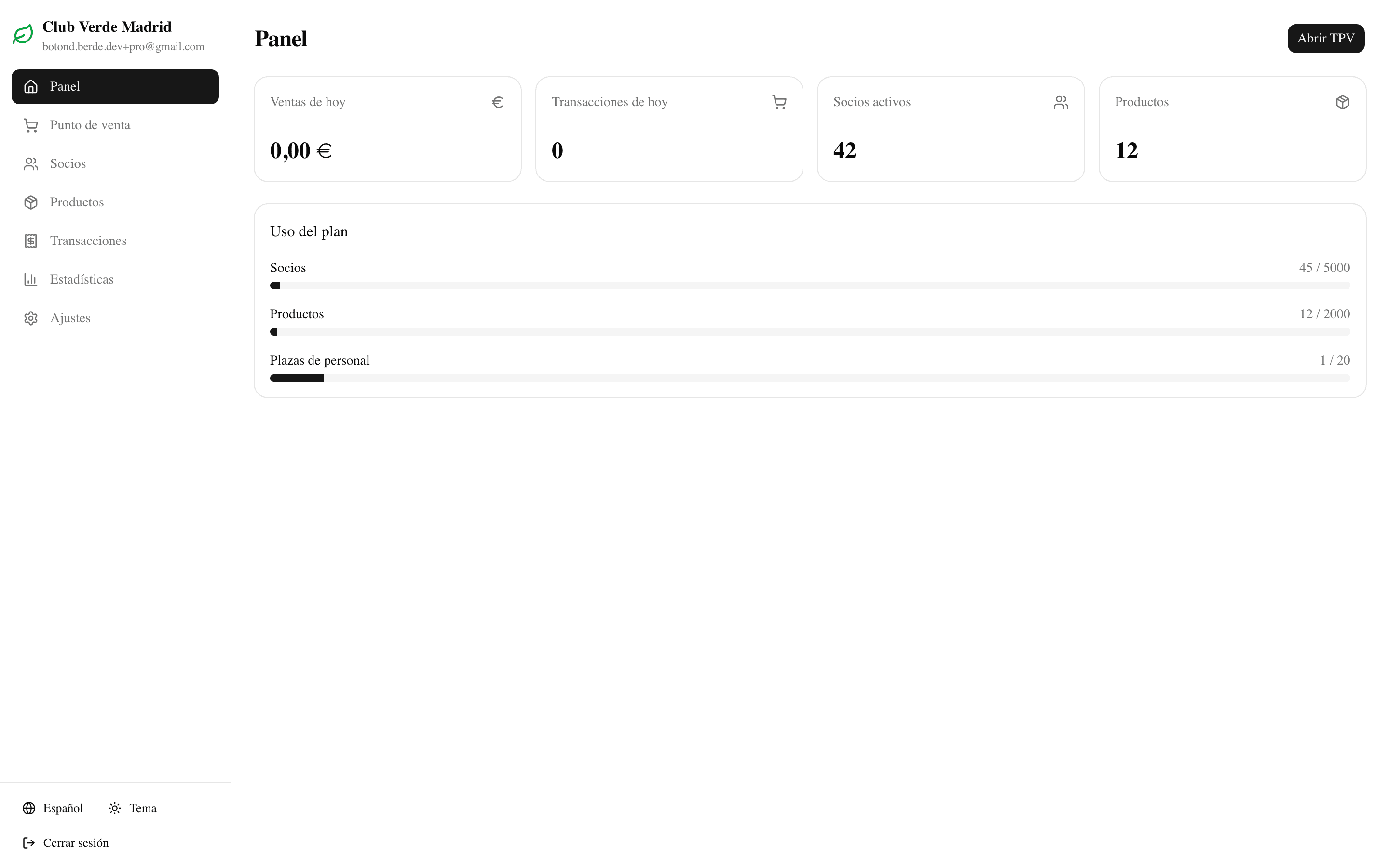 Todo tu club de un vistazo: ventas, socios y uso del plan en un solo panel.